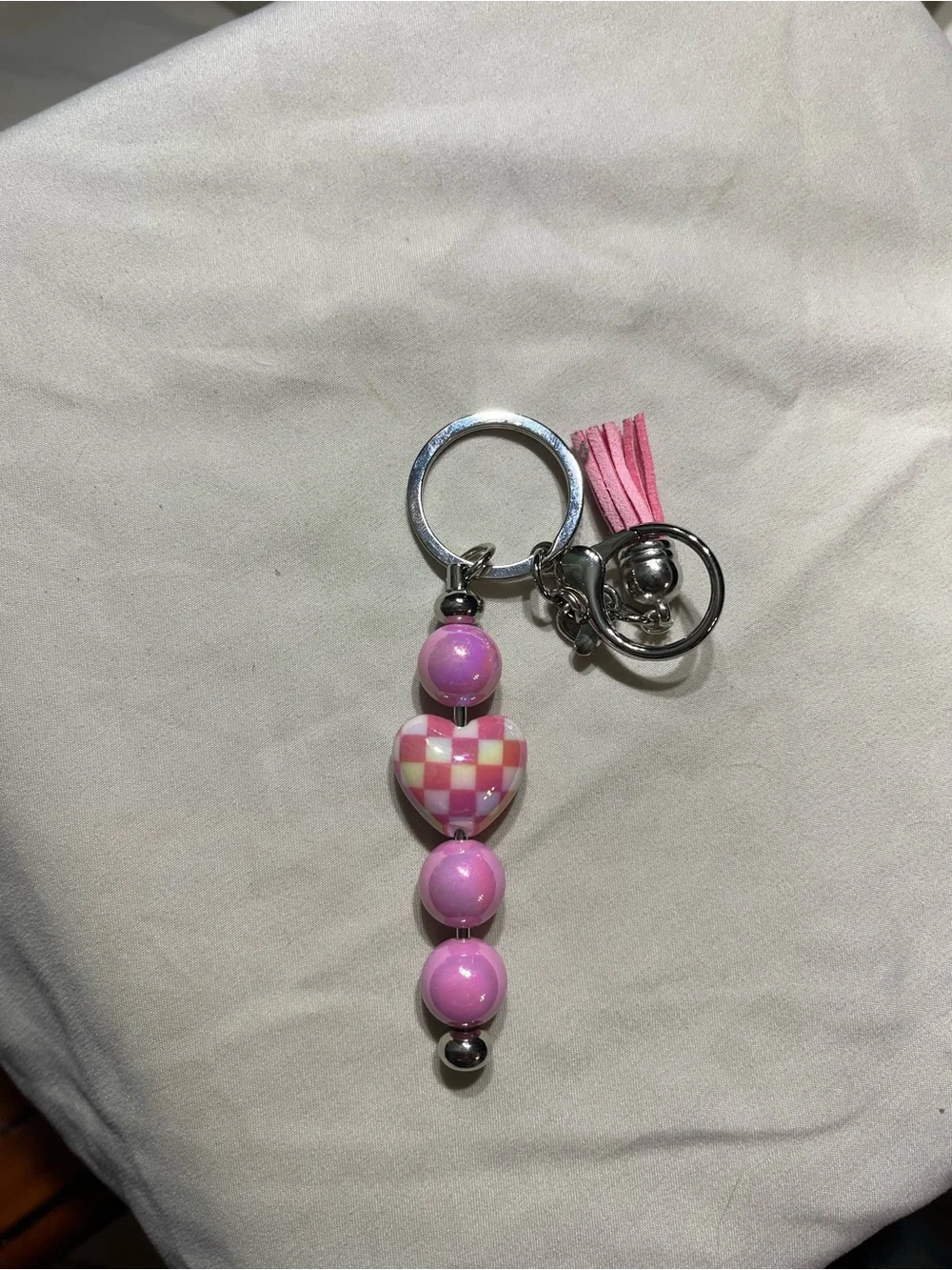 Pink Beaded Heart Keychain with Tassel